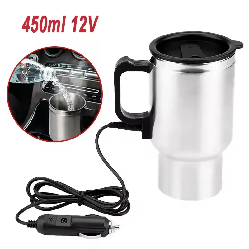 Outdoor Camping Kettle - กาต้มน้ำไฟฟ้าในรถยนต์ 12V 450 มล. แก้วน้ำร้อนในรถยนต์ สแตนเลส