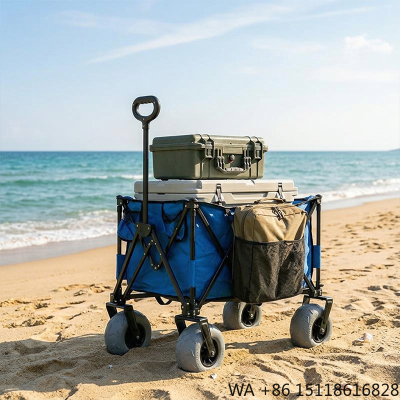 Outdoor Camping Set - รถเข็นชายหาดโลหะพับได้ ล้อบอลลูนหมุนได้ ถอดประกอบง่าย ขนาดกะทัดรัดและกว้างขวาง เหมาะสำหรับการตั้งแคมป์