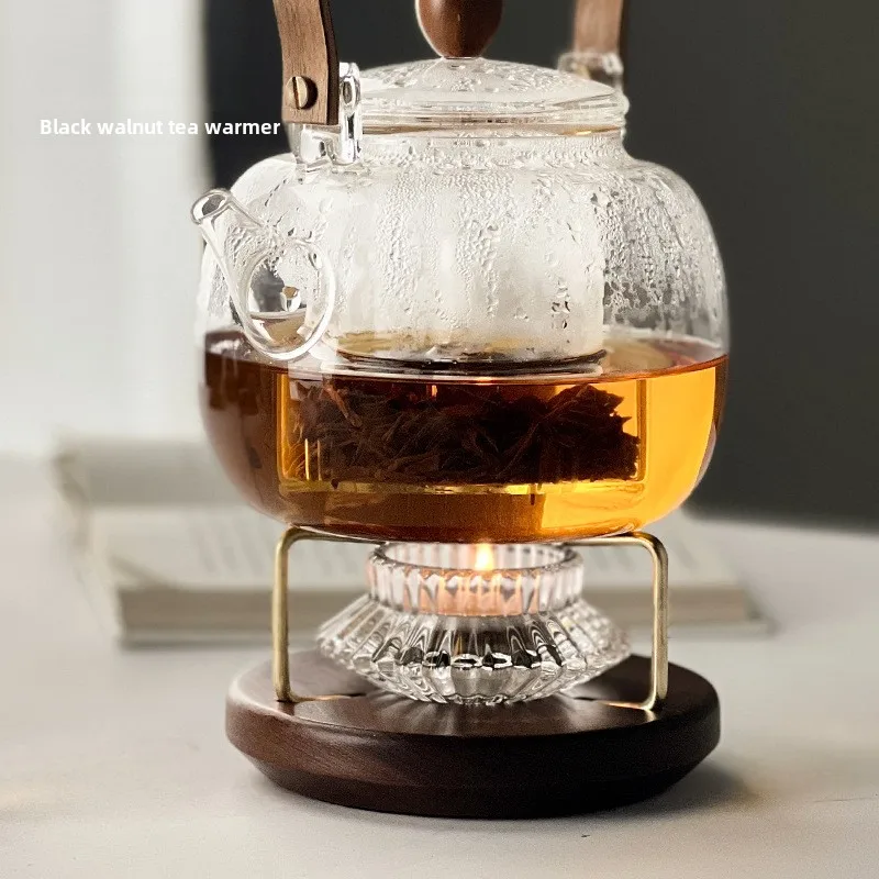 Outdoor Camping Kettle - ที่อุ่นชาแบบเทียนวอลนัทสีดำ, ฐานชงชาแบบพกพาสำหรับใช้ในบ้าน สำนักงาน หรือกลางแจ้ง, ฐานรองกาน้ำชา (ไม่มีเทียน)