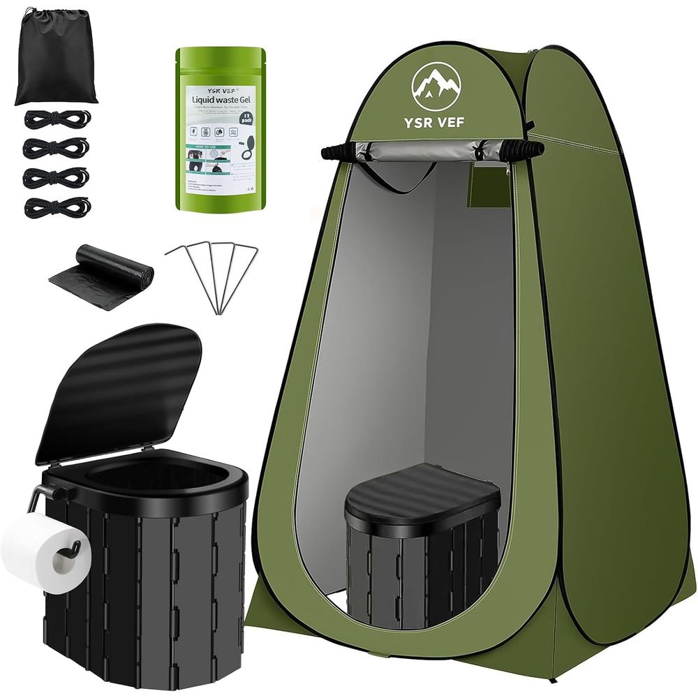 Outdoor Camping Showers - ชุดห้องน้ำพกพา, ห้องน้ำสำหรับตั้งแคมป์พร้อมเต็นท์ปิดแบบพับได้และถุงเจลสำหรับขับถ่าย, ฝักบัวอาบน้ำกลางแจ้งแบบพกพาที่ล้างทำความสะอาดได้