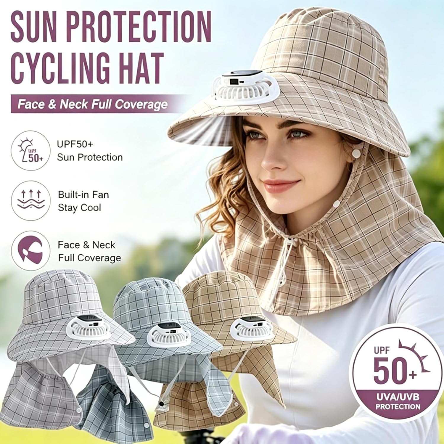 Outdoor Camping Fan - หมวกพัดลมพลังงานแสงอาทิตย์ 1 ชิ้น ชาร์จผ่าน USB สำหรับฤดูร้อน