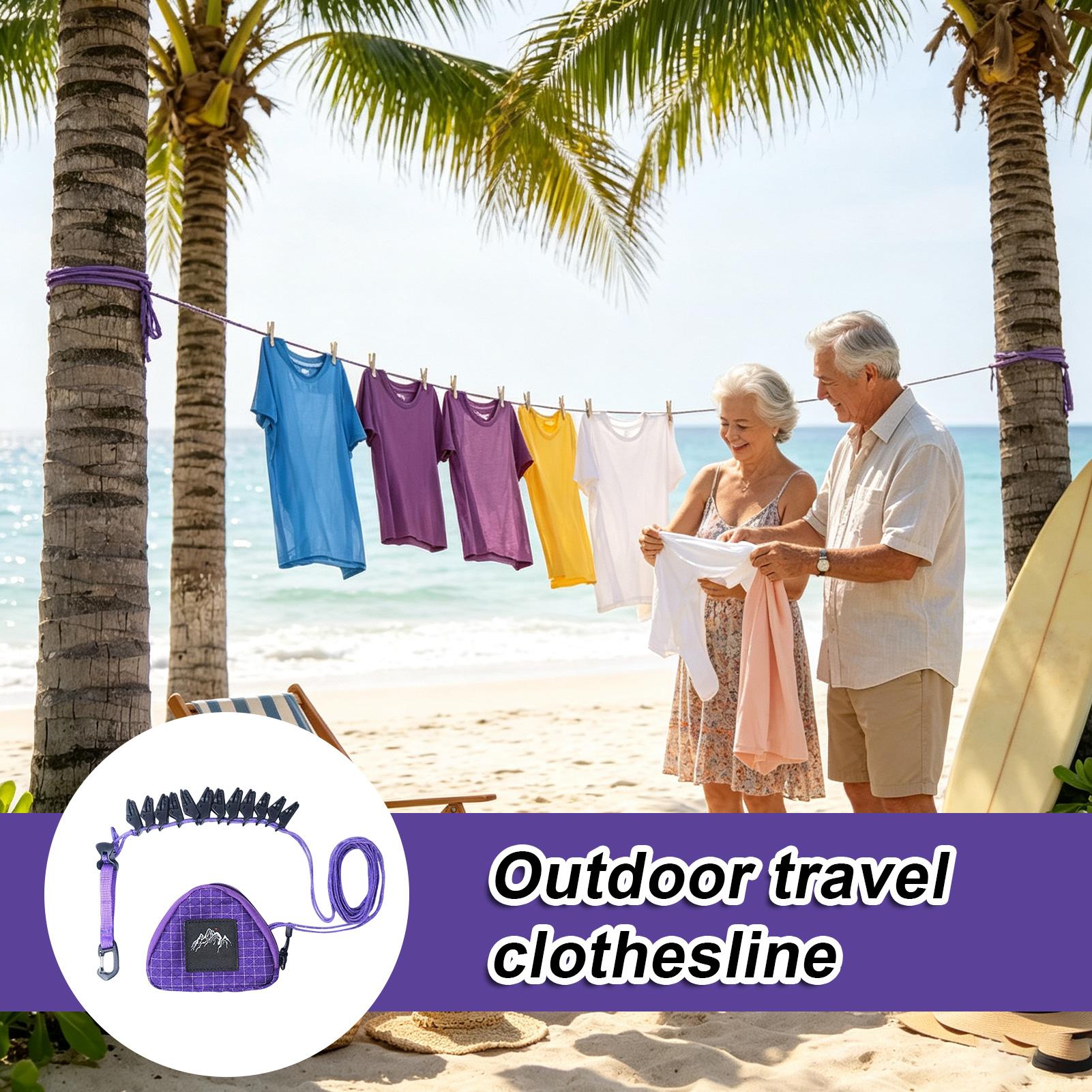 Camping Outdoor Clothing - ราวตากผ้ากลางแจ้งแบบทนทานพร้อมคลิปหนีบผ้า ราวตากผ้าสำหรับการเดินทาง ใช้ได้ทั้งในร่มและกลางแจ้ง สำหรับตั้งแคมป์ รถบ้าน และโรงแรม