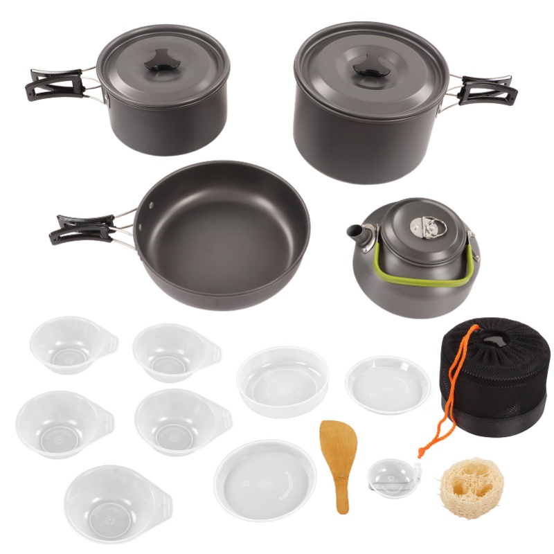 Outdoor Camping Kettle - ชุดอุปกรณ์ทำอาหารสำหรับตั้งแคมป์แบบพกพา ทนทานสูง ป้องกันการลวก ประกอบด้วยหม้อและกาต้มน้ำ สำหรับปิกนิกกลางแจ้ง