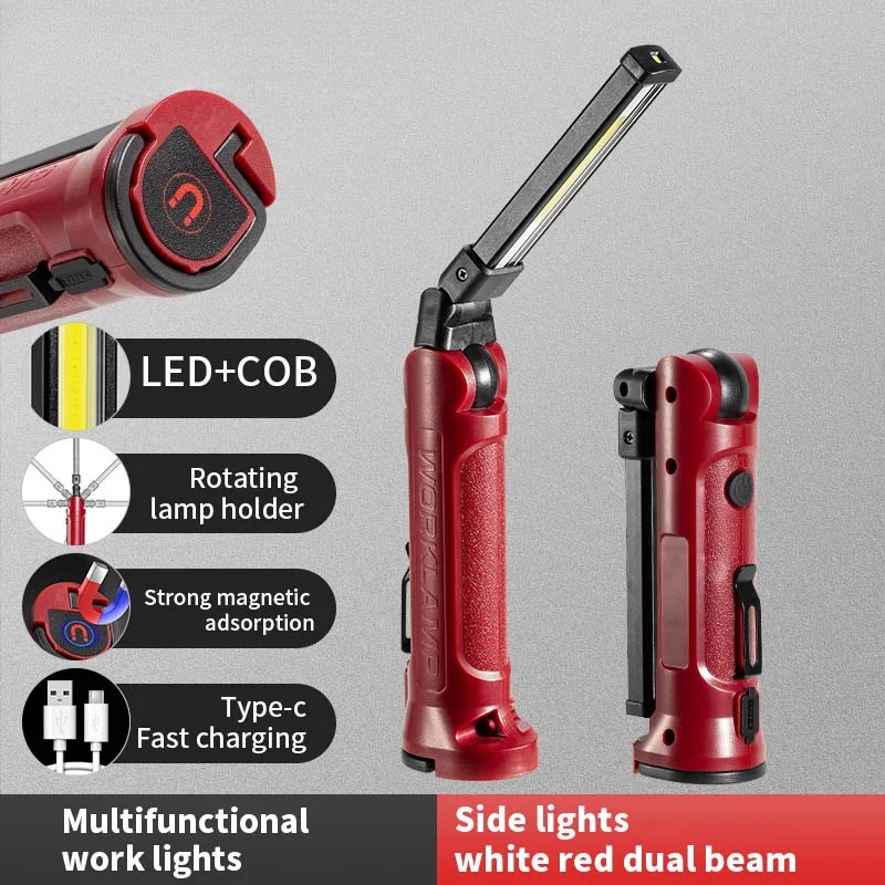 Outdoor Camping Lighting - COB LED ไฟทำงานแบบชาร์จไฟได้ไฟฉายพับได้กลางแจ้งแคมป์ปิ้งซ่อมรถยนต์โคมไฟแบบพกพาพร้อมตะขอแขวนแม่เหล็ก