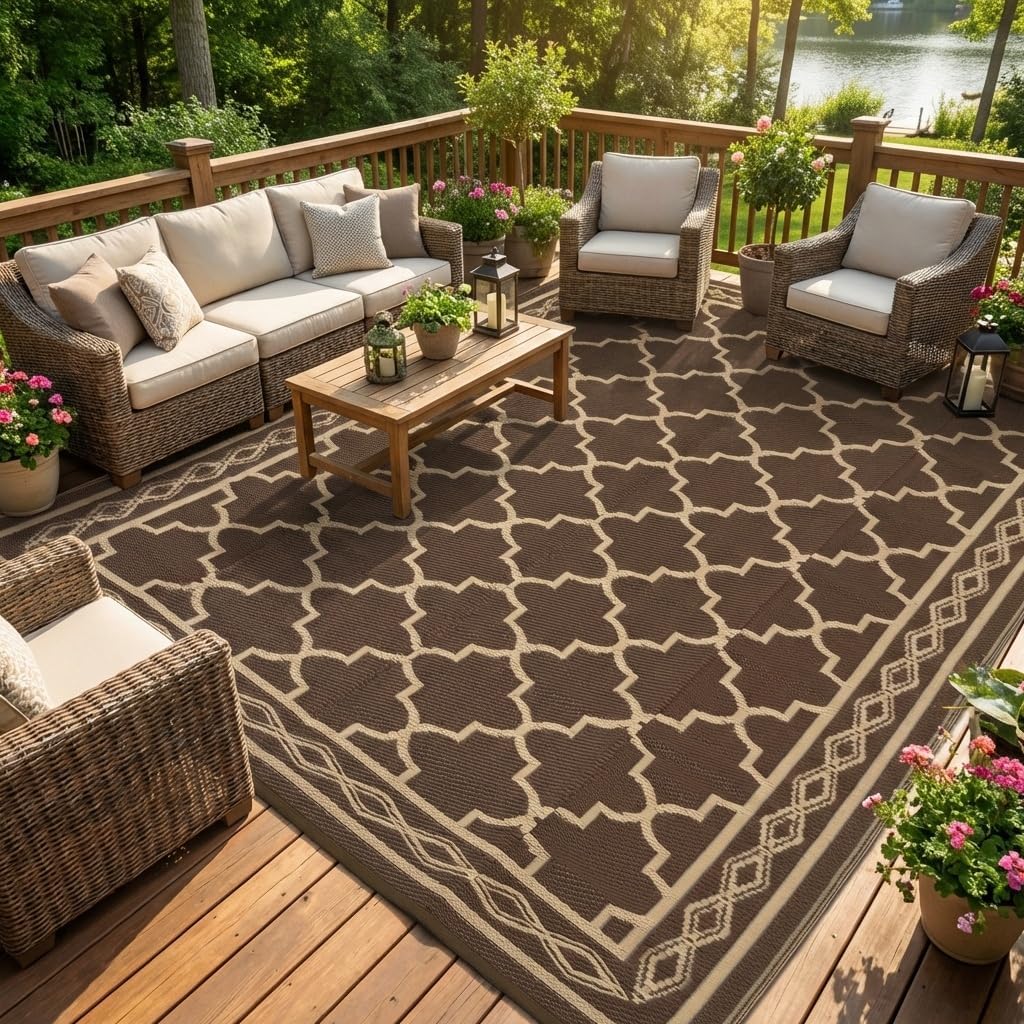 Outdoor Camping Rugs 9X12 - พรมปูพื้นกลางแจ้งแบบสองด้าน ขนาด 9x12 ฟุต – ลายตาข่ายวินเทจทำจากพลาสติก,