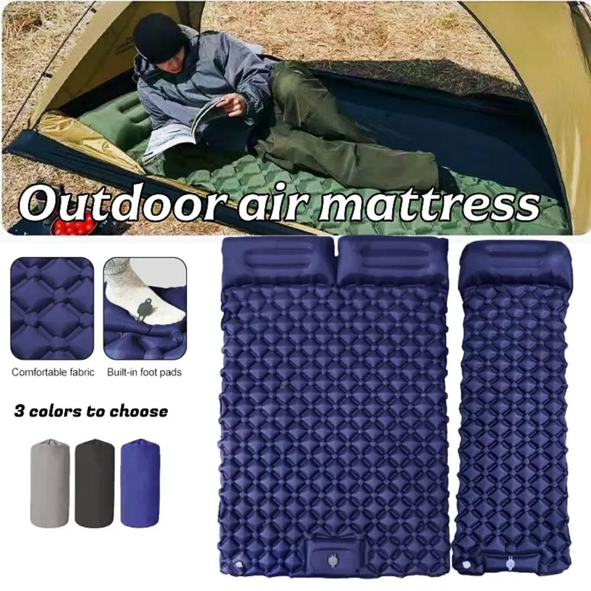 Outdoor Camping Mat Waterproof - ที่นอนลมแบบเป่าลมเดี่ยวและคู่, แผ่นรองนอนสำหรับตั้งแคมป์แบบพับได้พร้อมหมอน, กันความชื้น, กันน้ำ และน้ำหนักเบา, เหมาะสำหรับการตั้งแคมป์,