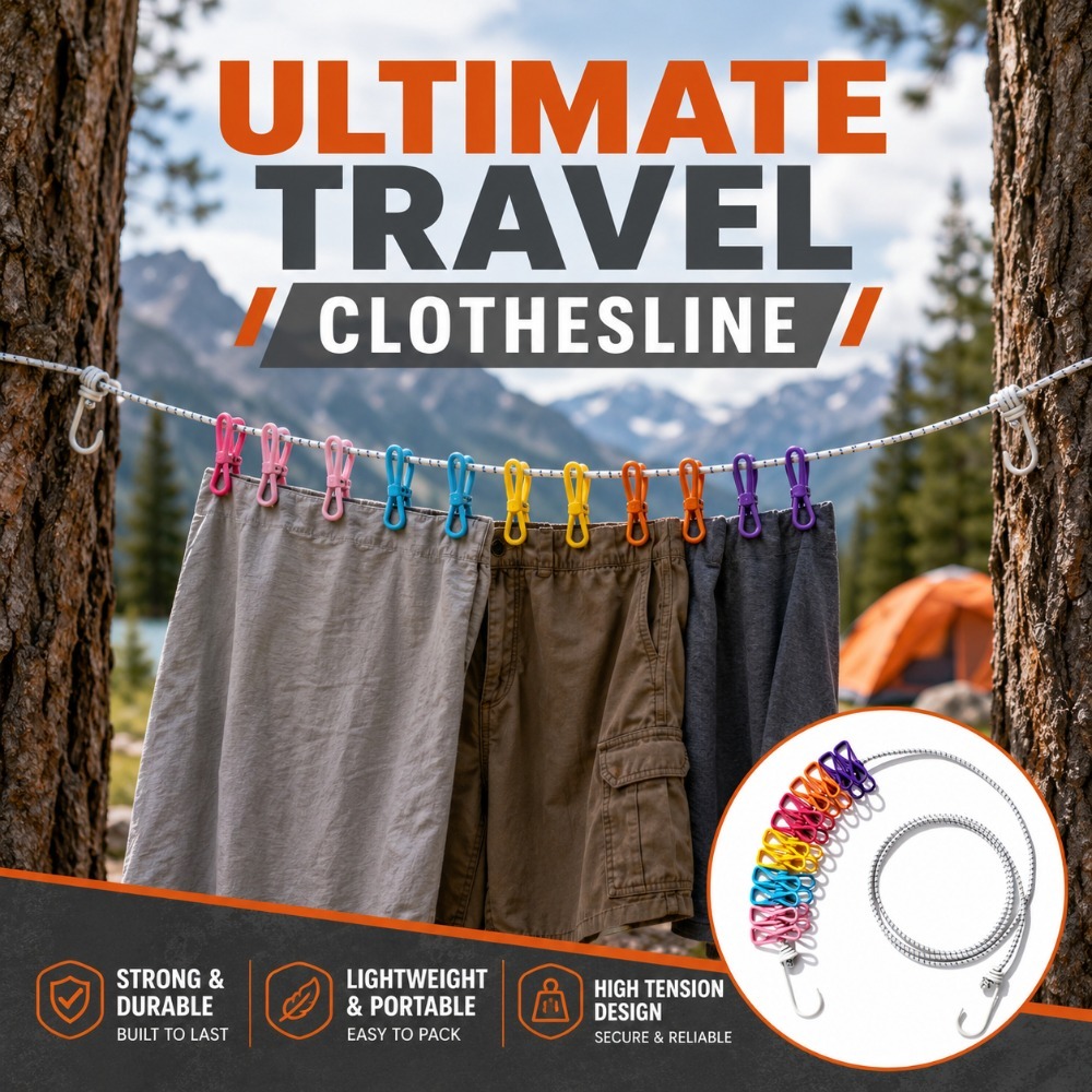Camping Outdoor Clothing - ราวตากผ้าแบบพับเก็บได้พร้อมคลิปหนีบผ้า 12 ตัว ราวตากผ้าในร่ม ราวตากผ้ากลางแจ้ง อุปกรณ์ตั้งแคมป์กลางแจ้ง