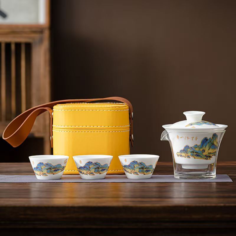 Outdoor Camping Kettle - ชุดน้ำชาพอร์ซเลนสีขาว Travel Jade, ชุดกาน้ำชา Gongfu สำหรับชงชา,
