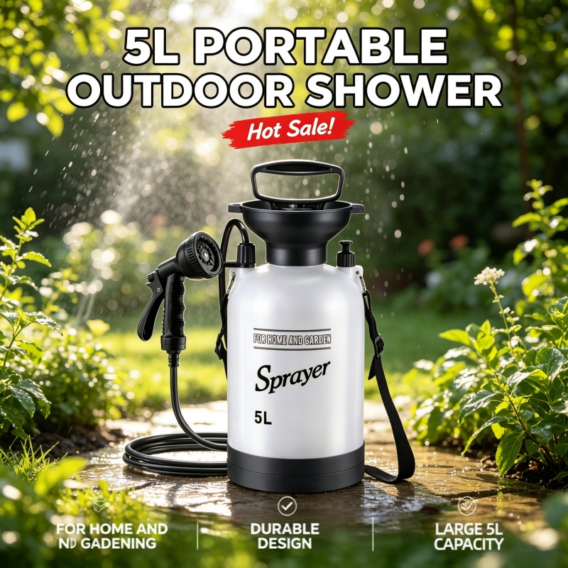 Outdoor Camping Showers - ขวดสเปรย์ฉีดน้ำแบบพกพา 5 ลิตร พร้อมหัวฉีดปรับได้ สำหรับสวน สัตว์เลี้ยง